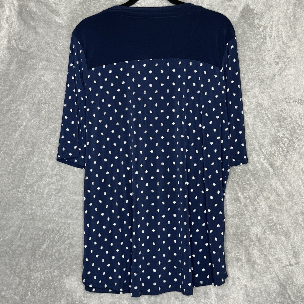 Elie McCarthy 2X Top Shirt Navy Blue Polka Dot Button Up  V Neck Short Sleeve - Picture 4 of 7